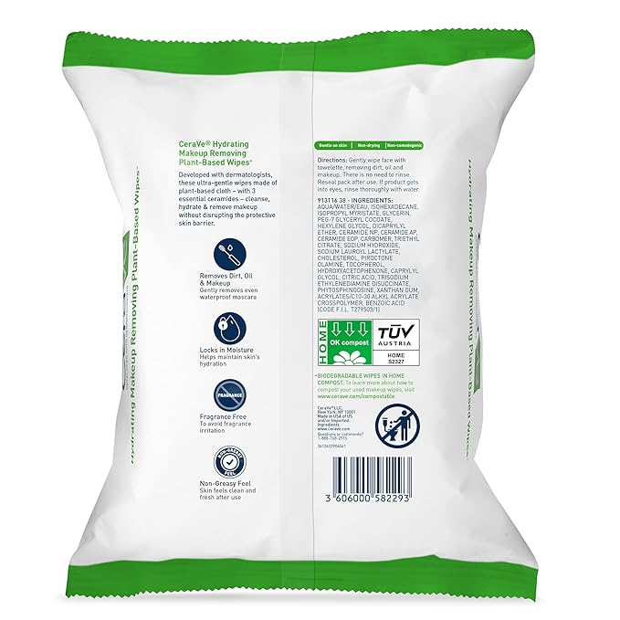 CeraVe Hydrating Facial Cleansing Makeup Remover Wipes Plant Based
