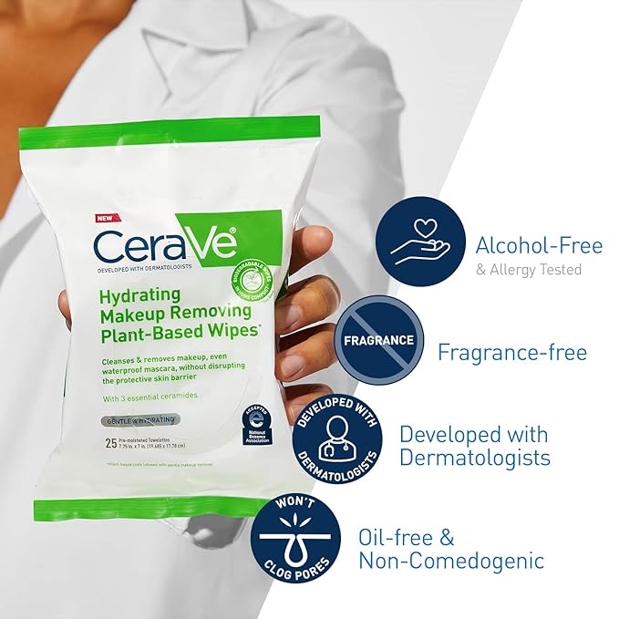 CeraVe Hydrating Facial Cleansing Makeup Remover Wipes Plant Based