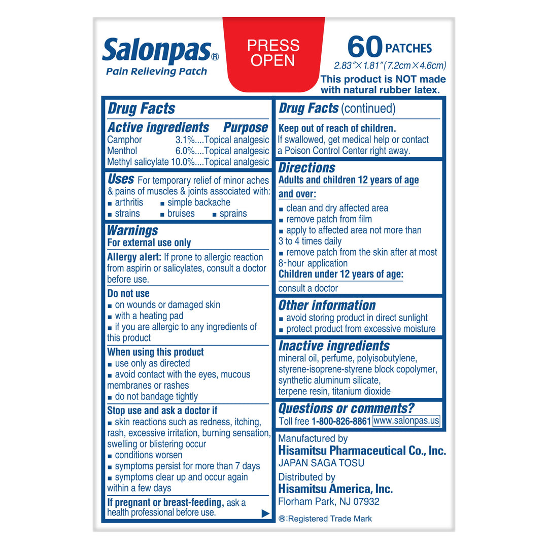 Salonpas - Pain Relieving Patch - 8-Hour Pain Relief - Warmtepleisters - 60 Patches