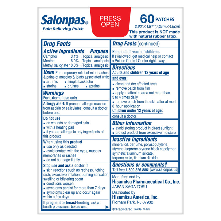 Salonpas - Pain Relieving Patch - 8-Hour Pain Relief - Warmtepleisters - 60 Patches
