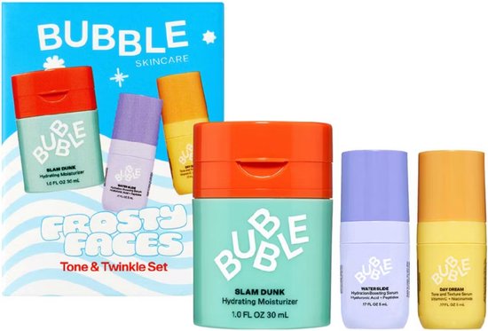 De Frosty Faces Tone &amp; Twinkle Set van Bubble Skincare is een verzorgende en verzorgende gezichtsverzorging.