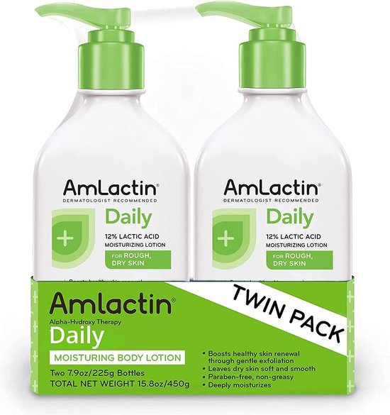 AmLactin Daily Moisturizing Lotion voor droge huid -pompfles - 2-in-1 exfoliator - bodylotion melkzuur - 2x225ml