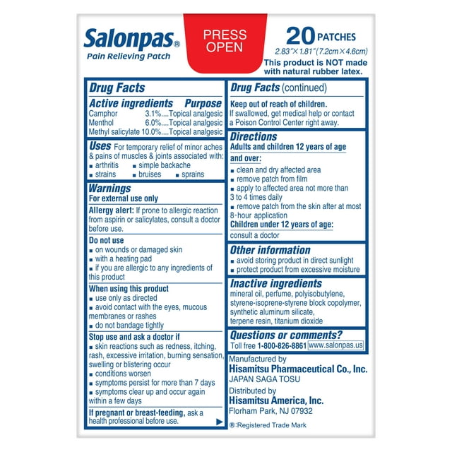 Salonpas - Pain Relieving Patch - 8-Hour Pain Relief - Warmtepleisters - 20 Patches