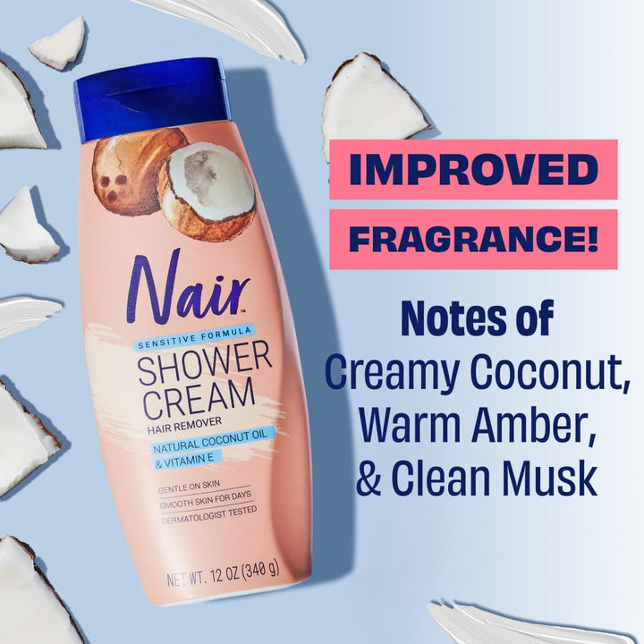 NAIR Sensitive Shower Cream Hair Remover met natuurlijke kokosolie en vitamine E, lichaamsontharingscrème voor vrouwen 
