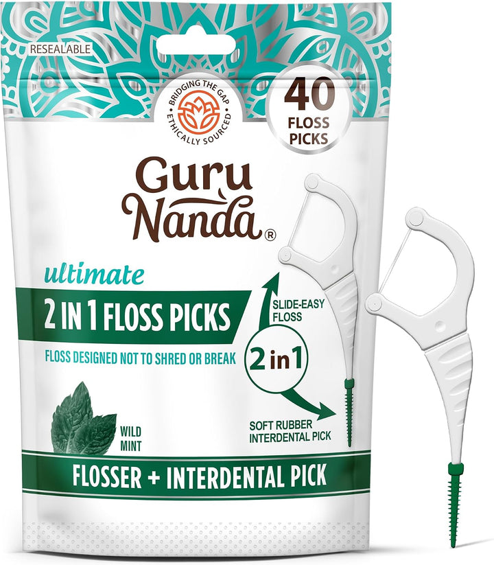 GuruNanda 2 in 1 Dental Floss Picks Wild Mint 40 Count