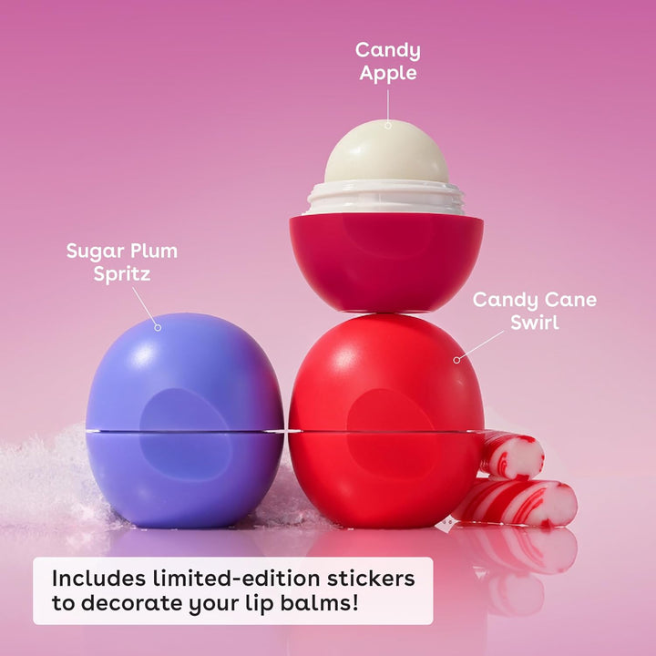 eos Holiday Lip Balm Spheres Sugar Plum Spritz, Candy Apple Sphere, Candy Cane Swirl
