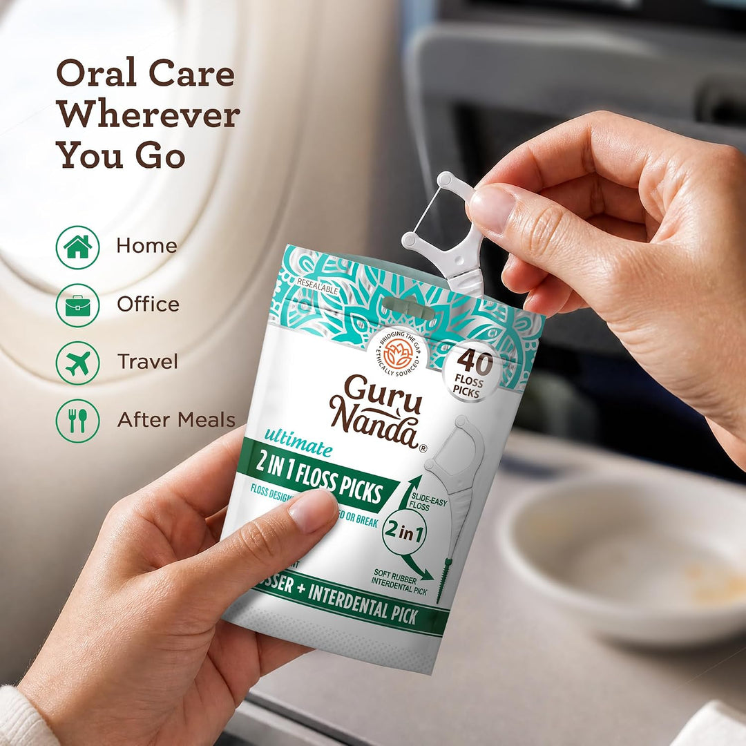 GuruNanda 2 in 1 Dental Floss Picks Wild Mint 40 Count