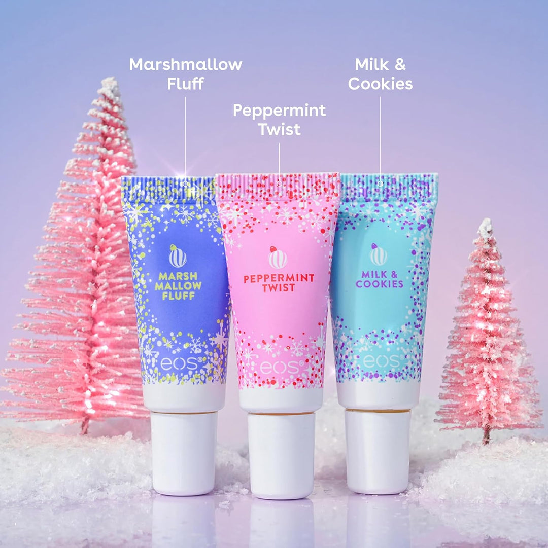 eos Holiday Mini Super Balms Peppermint Twist, Milk & Cookies, Marshmallow Fluff