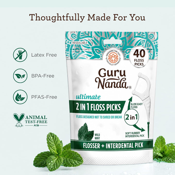 GuruNanda 2 in 1 Dental Floss Picks Wild Mint 40 Count