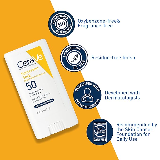 CeraVe - Mineral Sunscreen Stick SPF 50 - Hyaluronic Acid  - 100% Mineral Face Sunscreen Stick