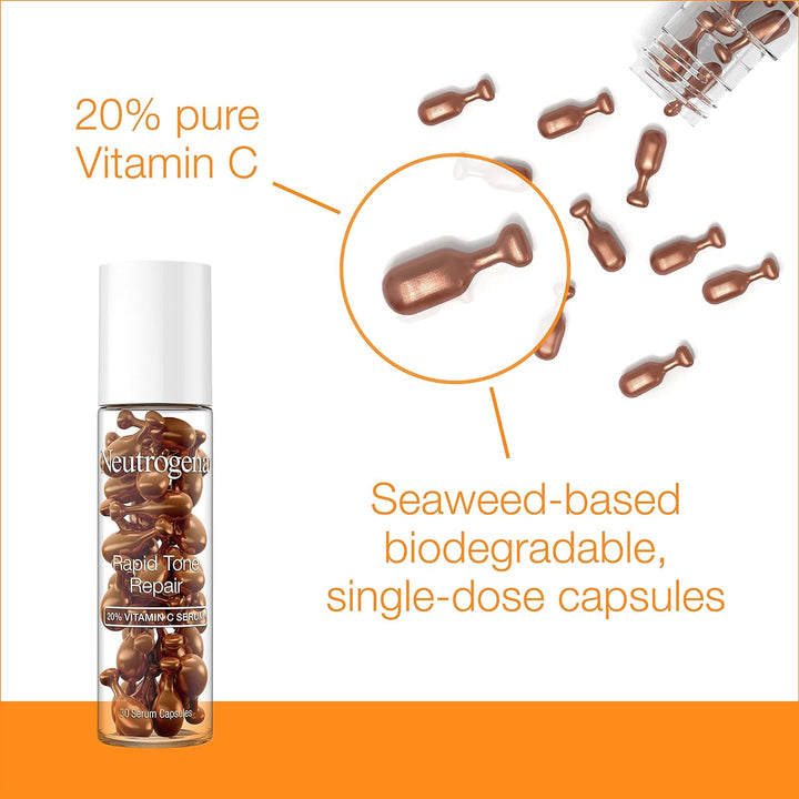 Neutrogena - Rapid Tone Repair 20% Vitamin C Brightening Serum Capsules - Antioxidant Face Serum to Brighten Look of Dark Spots & Even Skin Tone - Oil-Free - 30 Serum Capsules