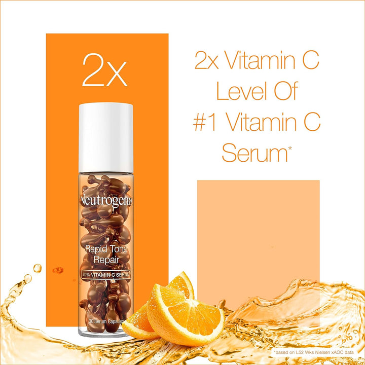 Neutrogena - Rapid Tone Repair 20% Vitamin C Brightening Serum Capsules - Antioxidant Face Serum to Brighten Look of Dark Spots & Even Skin Tone - Oil-Free - 30 Serum Capsules