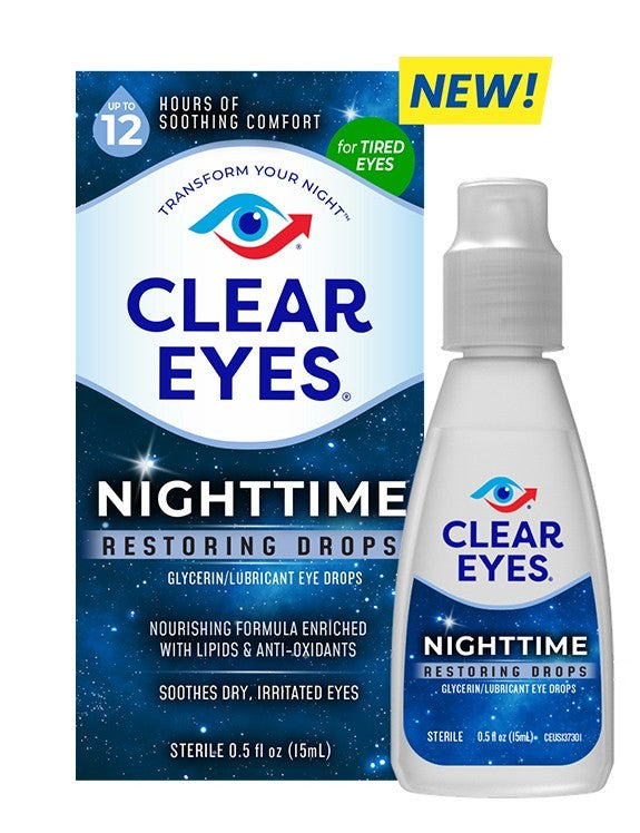 Gouttes oculaires réparatrices nocturnes Clear Eyes, gouttes oculaires nocturnes pour le soulagement de la sécheresse oculaire - 15 ml