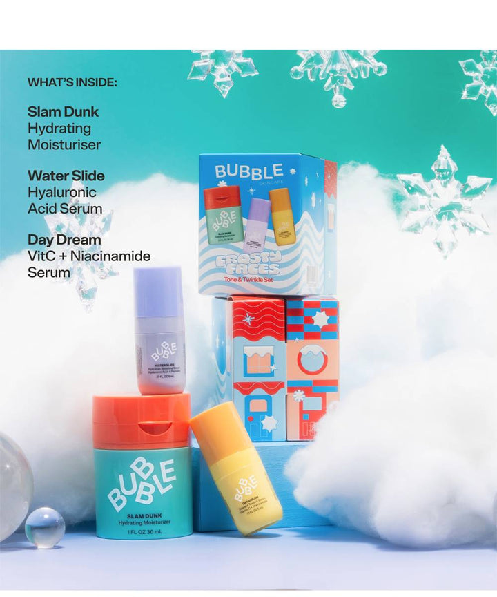 De Frosty Faces Tone &amp; Twinkle Set van Bubble Skincare is een verzorgende en verzorgende gezichtsverzorging.