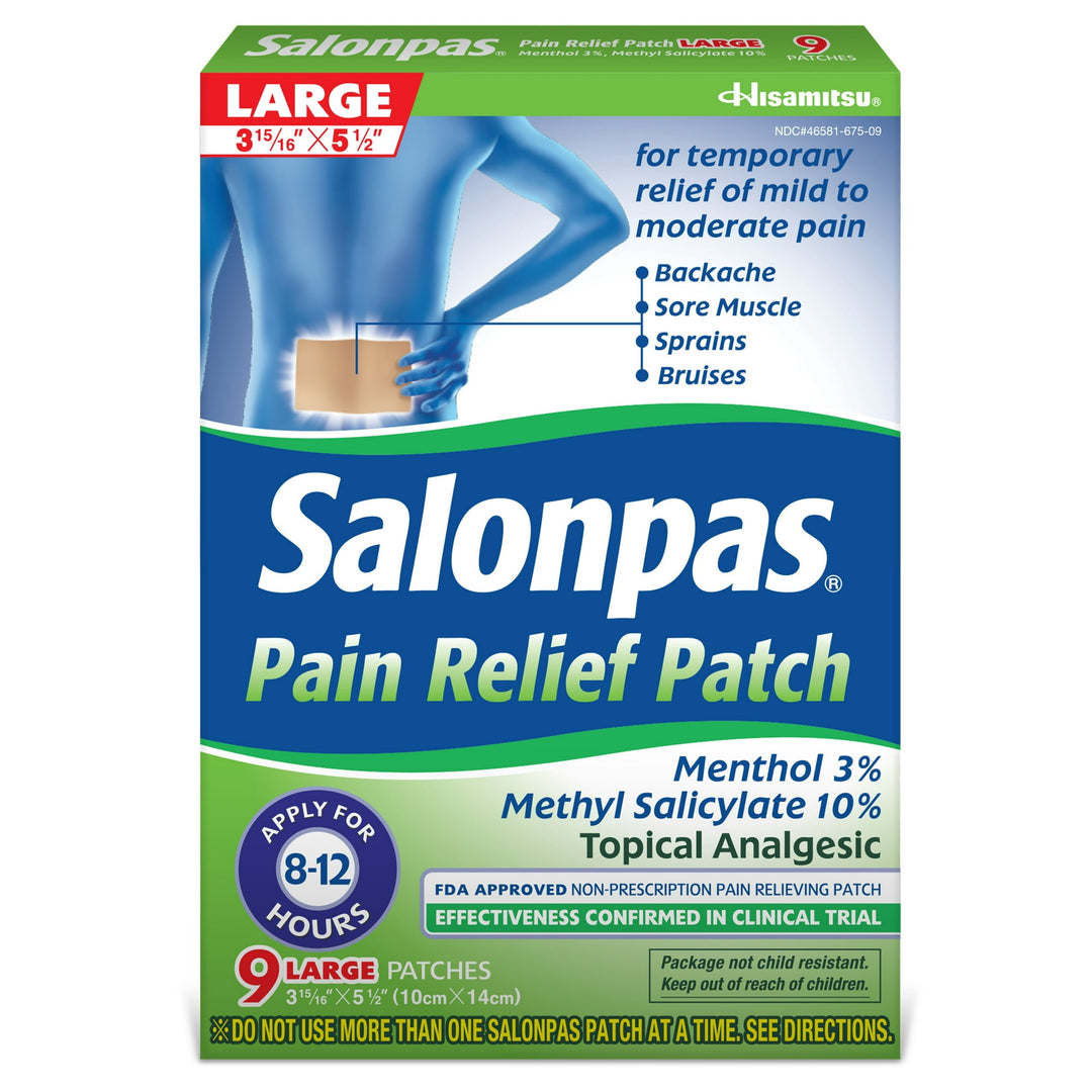Salonpas - Pain Relief Patch - 12-Hour Mild to Moderate Pain Relief - 9 Large Patches - Warmtepleisters